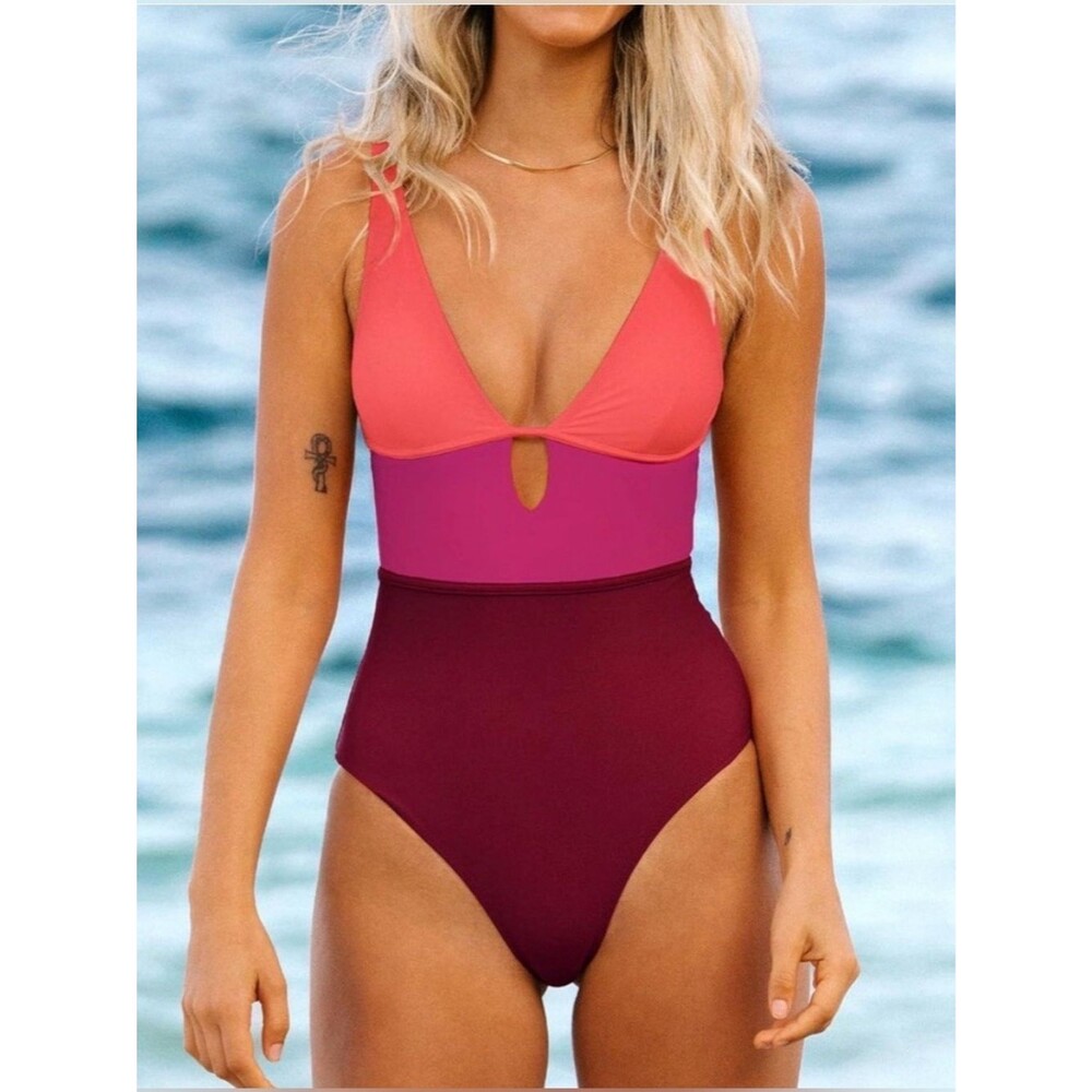 NWT Cupshe Colorblock One Piece Swimsuit Pink Orange Magenta Plunge Cutout Small